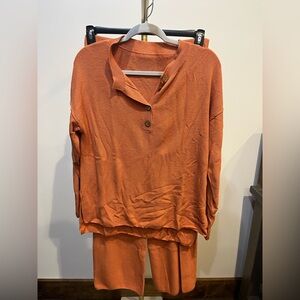 Orange Button-Up Top and Pants Set